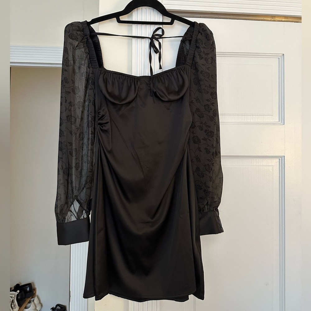 WeWoreWhat black silky lace long sleeve mini dress